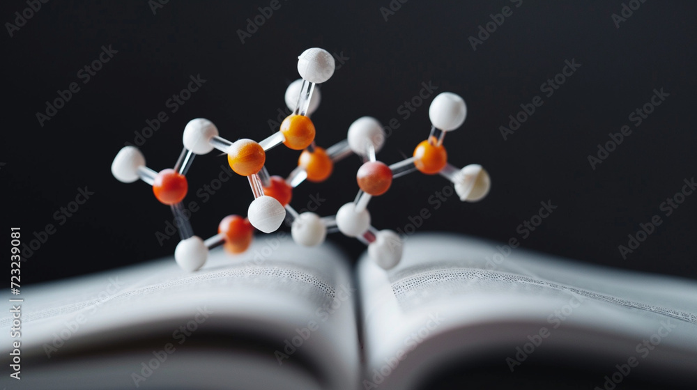 Poster a chemical structure model floating above an open textbook, blending education with molecular scienc