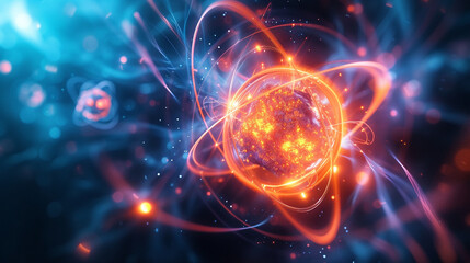 A quantum physics concept with atoms and subatomic particles colliding, science, dynamic and dramatic compositions, with copy space - obrazy, fototapety, plakaty