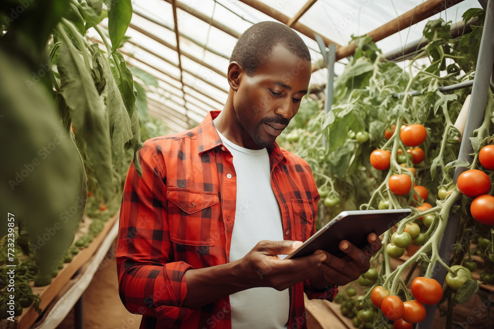 Poster black farmer with a digital tablet in greenhouse. integration of technology for efficient and progre