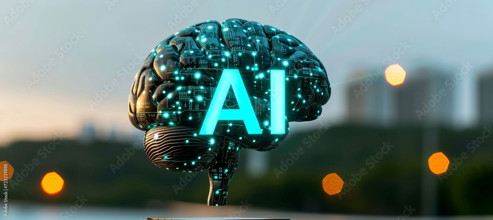 Poster futuristic holographic human brain projection above computer processor with glowing ai icon