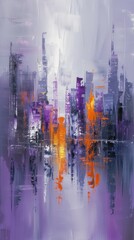Painting of an Urban Skyline - Modern Impressionism in Light Violet and Light Orange - Soft Focus Technique Cityscape Reflections on Oil Canvas Wallpaper created with Generative AI Technology