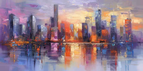 Fotobehang Painting of an Urban Skyline - Modern Impressionism in Light Violet and Light Orange - Soft Focus Technique Cityscape Reflections on Oil Canvas Wallpaper created with Generative AI Technology © Desizexa