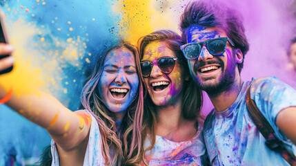 A group of happy joyful modern young girls and boys look take a selfie, among clouds of blue and yellow Holi powder