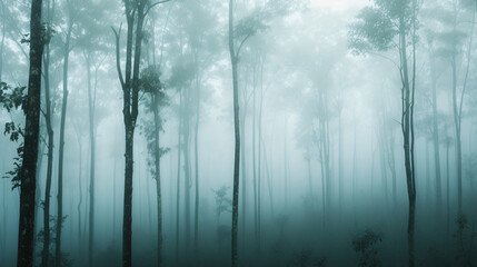 A dense foggy forest at dawn.