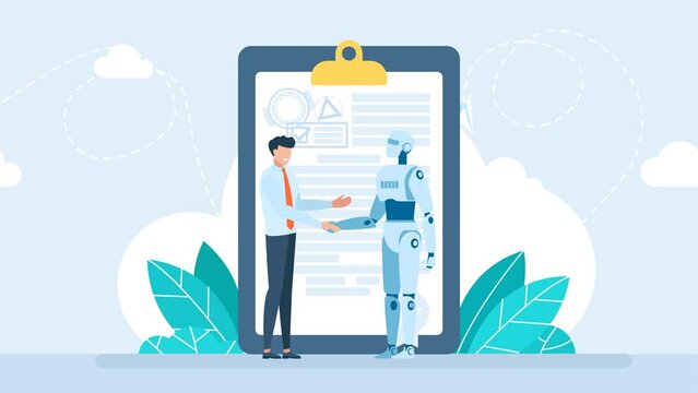 Handshake between man and robot on the background of a document. Man shaking hands with a robot. Cyberhuman friendship. Agreement between a businessman and Artificial Intelligence. 2d flat animation	