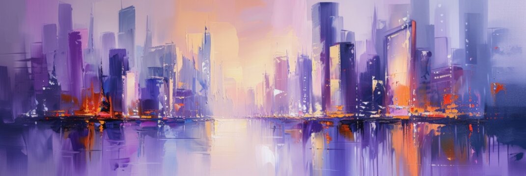 Painting of an Urban Skyline - Modern Impressionism in Light Violet and Light Orange - Soft Focus Technique Cityscape Reflections on Oil Canvas Wallpaper created with Generative AI Technology © Desizexa
