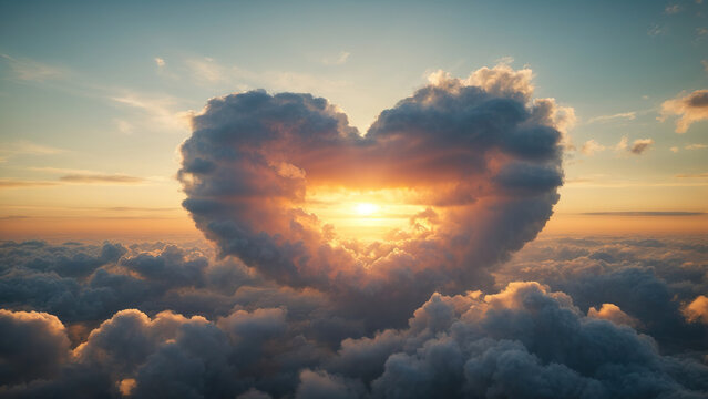 Beautiful Summer sunset sky with heart shaped cloud and colorful vibrant clouds and sun beams across whole sky