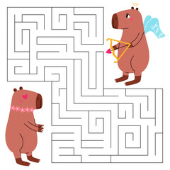 Valentine day maze game for kids. Cute cupid capybara looking for a way to the lovely capybara. Printable worksheet with solution for school and preschool.