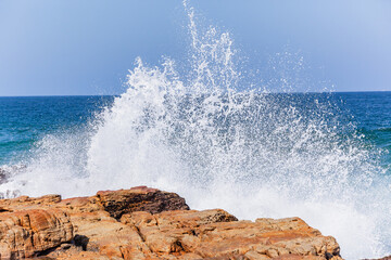 Rocky Beach Ocean Waves Crashing White Water Spray Closeup Landscape. - 723241050