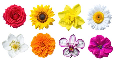 Set of various beautiful blooming flowers isolated on transparent background. Generative AI