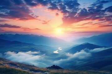 Fototapeta premium The sun sets over the mountain ranges. Location place Carpathian mountains, Ukraine, Europe. Perfect summertime wallpaper. Image of an magical sunset. Summer vacation. Discover the beauty of earth.