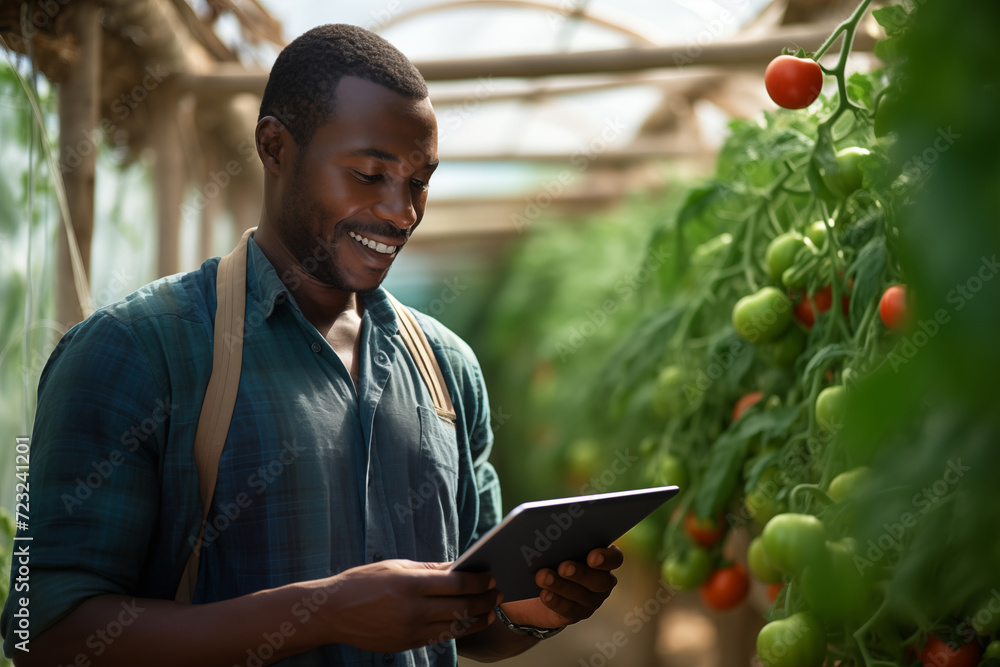 Poster black farmer with a digital tablet in greenhouse. integration of technology for efficient and progre