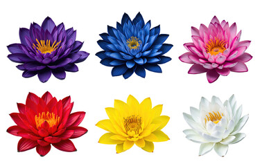 Set of various colourful blooming water lily flowers isolated on transparent background. Generative AI