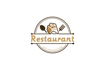 Restaurant logo design template with chef hat and cutlery vector symbols