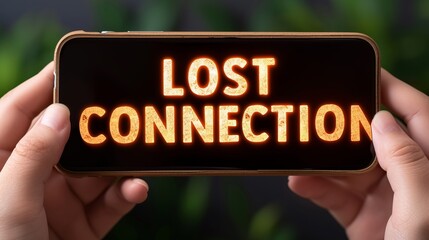 Interactive holographic  lost connection  text icon shining over mobile phone in hands