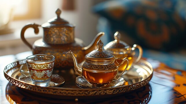 Traditional Moroccan tea set with decorative teapot