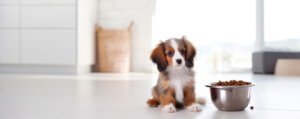 Fluffy Papillon puppy looks curiously beside a bowl of dog food. - obrazy, fototapety, plakaty