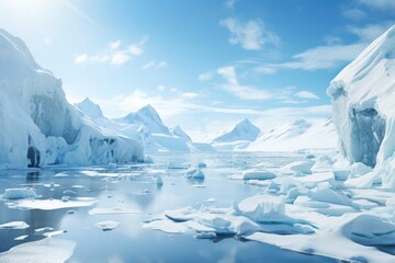 Fototapeta na wymiar Crisp blue waters edge against towering ice cliffs under the Antarctic sun.
