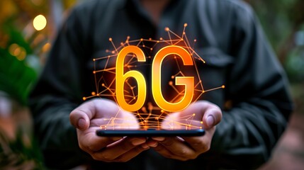 Shining 6g holographic icon over mobile phone, creating an interactive and immersive experience.