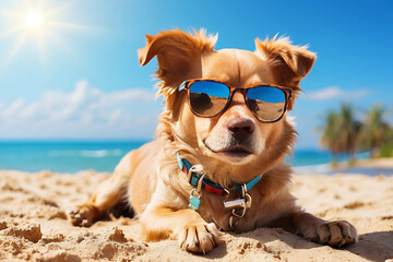 A cute dog with sunglasses is enjoying a vacation on a sunny day on a sandy beach, on a hot summer day in the ocean.