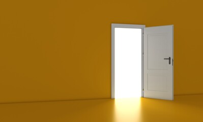 Open the door. Symbol of new career, opportunities, business ventures and initiative. Business concept. 3d render, white light inside open door isolated on yellow background. Modern minimal concept.	
