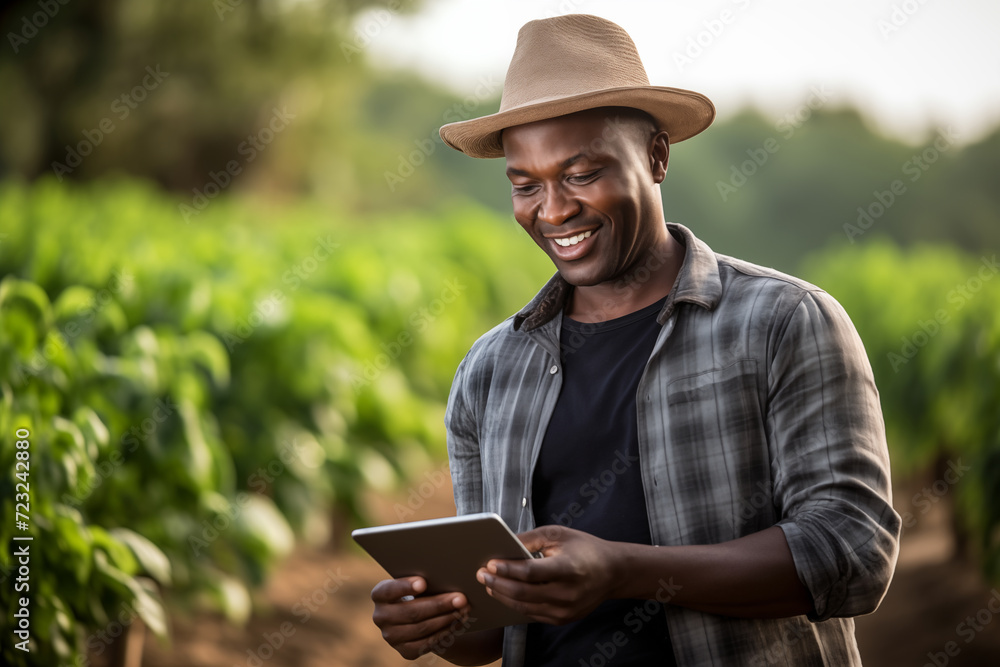 Poster black farmer with a digital tablet. integration of technology for efficient and progressive agricult