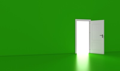 Open the door. Symbol of new career, opportunities, business ventures and initiative. Business concept. 3d render, white light inside open door isolated on green background. Modern minimal concept.	
