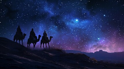 Ramadan concept with camels in the desert at night - obrazy, fototapety, plakaty