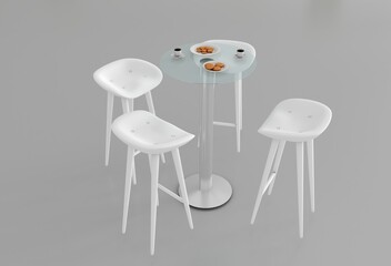 Isolated glass bistro table and white wooden high chairs. Cafe, bar table and chair.