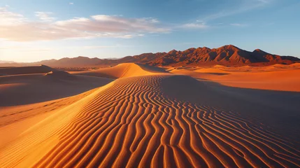 Foto op Aluminium A desert landscape at sunset with long shadows and vibrant colors across the sand dunes. © Legano