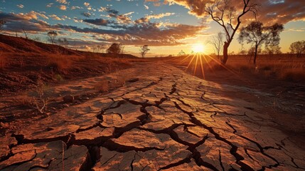 Global warming, extreme weather events, a cracked, dry outback. Climate Change Impact on Dry Cracked Outback Landscape - obrazy, fototapety, plakaty
