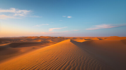 A desert landscape at sunset with long shadows and vibrant colors across the sand dunes.