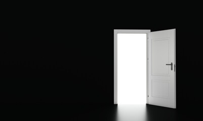 Open the door. Symbol of new career, opportunities, business ventures and initiative. Business concept. 3d render, white light inside open door isolated on black background. Modern minimal concept.	
