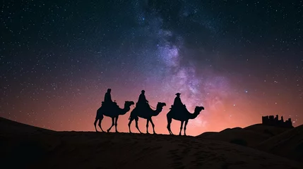Foto op Plexiglas Ramadan concept with camels in the desert at night © antusher
