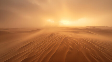 Fototapeta na wymiar A desert landscape experiencing a rare and powerful sandstorm with swirling sands and a hazy sky.