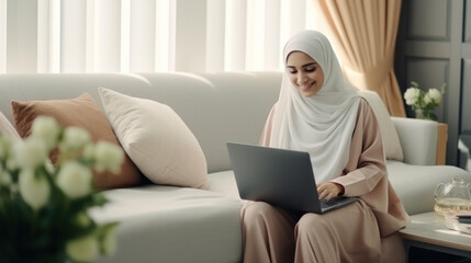 Modern Office: Portrait of Young Muslim Businesswoman Wearing Hijab Works on Laptop, Does Data Analysis, Website Design, Creative Development. Digital Entrepreneur Works on e-Commerce Startup Project