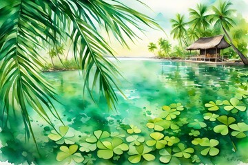 St. Patrick's Day in a tropical paradise, clover-shaped palm fronds, crystal-clear waters reflecting the vibrant greenery