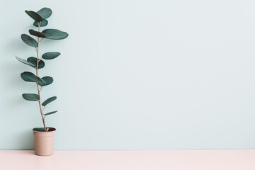 A simple and elegant image featuring a eucalyptus plant in a terracotta pot, positioned to the left side against a soft blue wall with a pale pink floor. The image exemplifies minimalist style and - Powered by Adobe