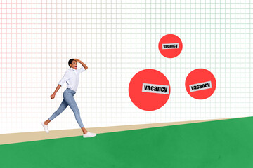 Horizontal artwork photo collage of young overjoyed woman look search for new job vacancy motivation to find work on checkered background