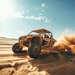 UTV buggy in the action on sand with sunshine
