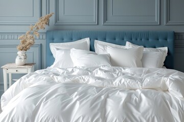 Bedroom with white bedding and blue headboard featuring bedside table and front view
