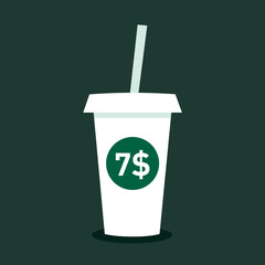 Cup of coffee with price tag - expensive coffee with and high cost of beverage in cafe and coffehouse. Spending money to buy a hot drink. Vector illustration isolated on green. 