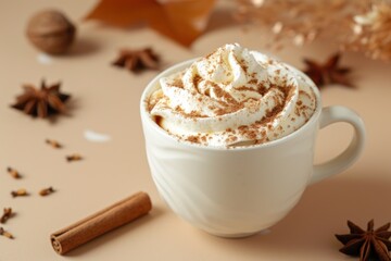 Beige background with whipped cream and cinnamon on cappuccino