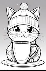 cat with a mug of hot chocolate. Coloring book antistress for children and adults. Illustration isolated on white background. Zen-tangle style. Hand draw