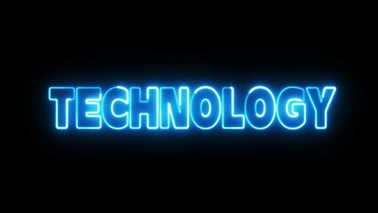 Technology text font with neon light. Luminous and shimmering haze inside the letters of the text Technology. Technology neon sign.