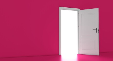 Open the door. Symbol of new career, opportunities, business ventures and initiative. Business concept. 3d render, white light inside open door isolated on pink background. Modern minimal concept.	
