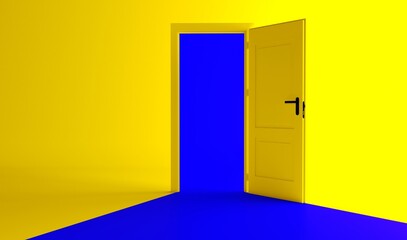 Open the door. Symbol of new career, opportunities, business ventures and initiative. Business concept. 3d render, blue light inside open door isolated on yellow background. Modern minimal concept.