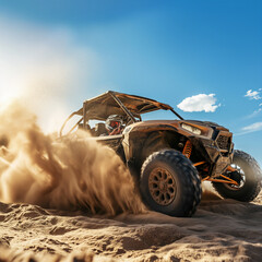 Fototapeta na wymiar UTV buggy in the action on sand with sunshine