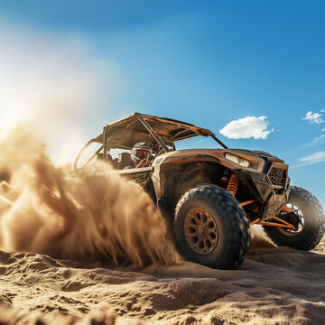 UTV buggy in the action on sand with sunshine