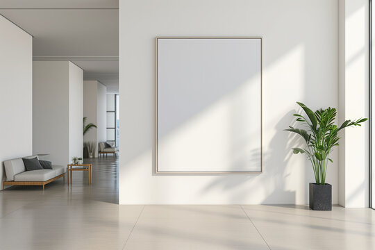 Large blank white painting on the wall in a minimalist room